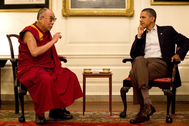 SPECIAL FRONTIER FORCE AT THE WHITE HOUSE: His Holiness the 14th Dalai Lama speaking with US President Barack Obama during their meeting in the Map Room of The White House in Washington, DC on July 16, 2011.