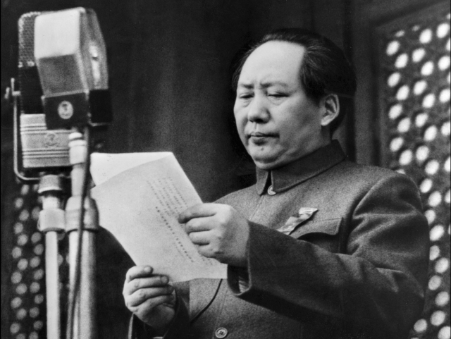 Mao Zedong proclaims the founding of the People's Republic of China in Beijing on Oct. 1, 1949.