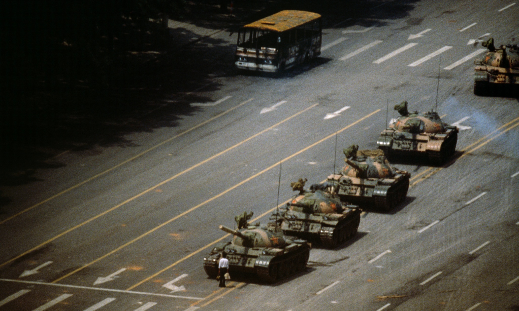 THE EVIL RED EMPIRE - RED CHINA - COMMUNIST :  Beijing. Tien An Men Square. 'The Tank Man' stopping the column of T59 tanks. 4th June 1989.