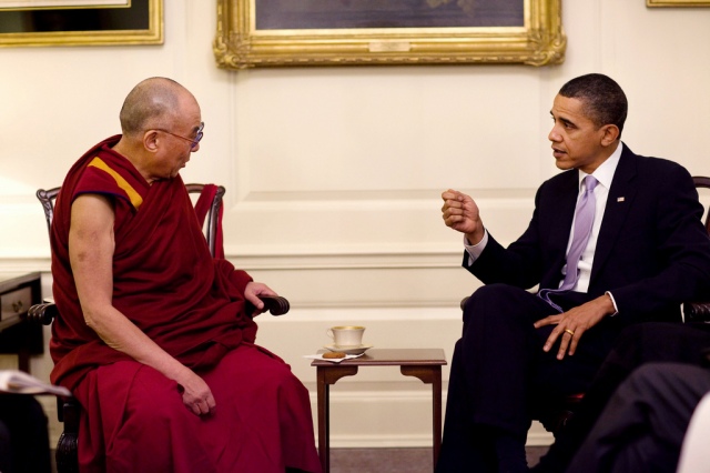 President Barack Obama meets with His Holiness the Dalai Lama in the Map Room of the White House, Feb. 18, 2010.  (Official White House Photo by Pete Souza) This official White House photograph is being made available only for publication by news organizations and/or for personal use printing by the subject(s) of the photograph. The photograph may not be manipulated in any way and may not be used in commercial or political materials, advertisements, emails, products, promotions that in any way suggests approval or endorsement of the President, the First Family, or the White House.